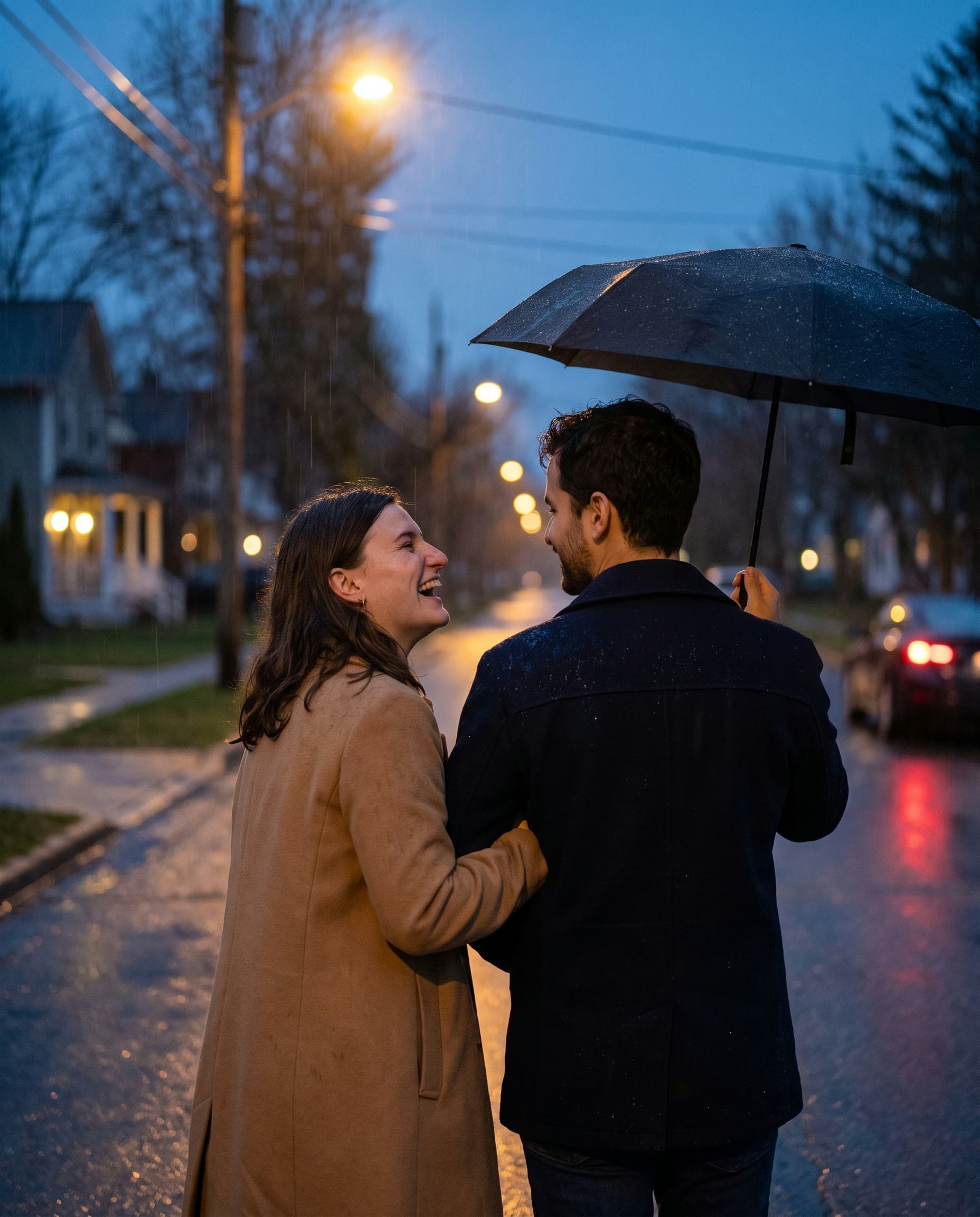 A couple laughing under an umbrella on a rainy street at dusk, seen from behind.